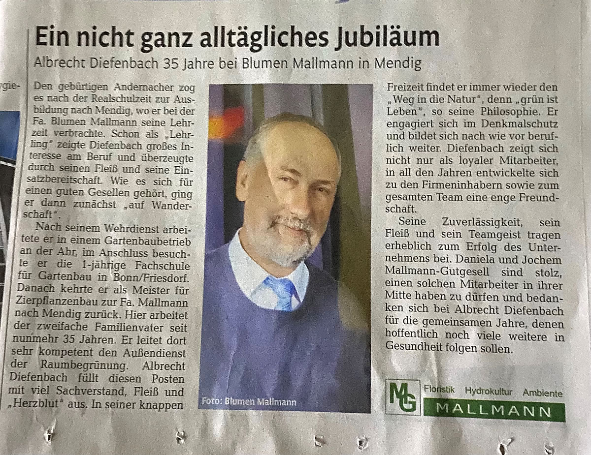 35-jähriges Jubiläum Albrecht Diefenbach bei Blumen Mallmann