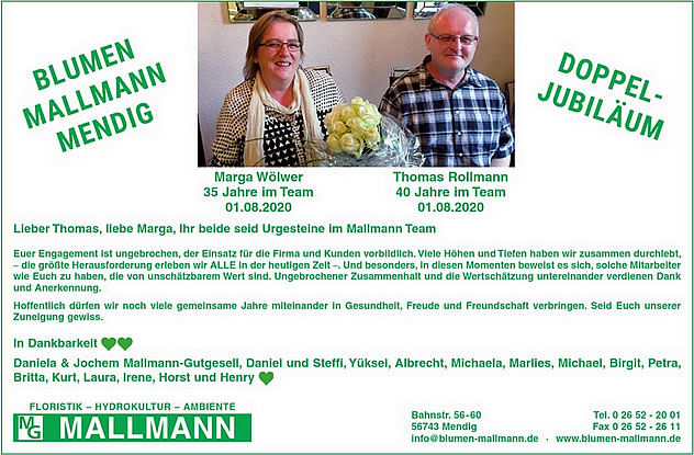 35-jähriges Jubiläum Marga Wölwer & 40-jähriges Jubiläum Thomas Rollmann bei Blumen Mallmann