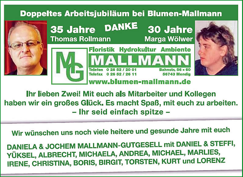 35-jähriges Jubiläum Thomas Rollmann und Marga Wölwer bei MG Mallmann